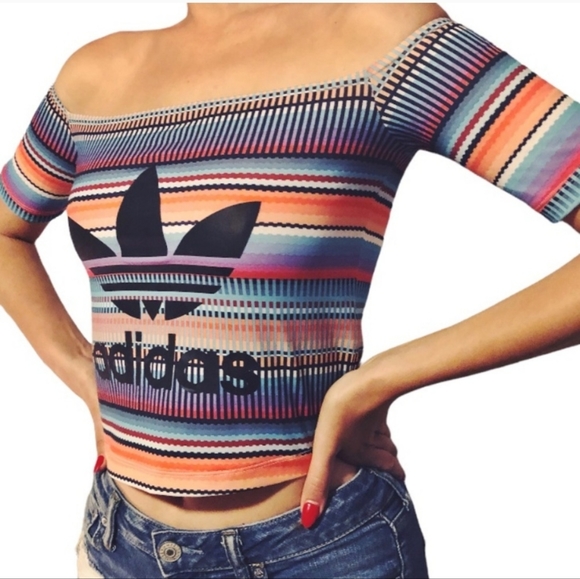 Adidas Originals X Farm Off-Shoulder Multi Striped Crop Top Size Small - Picture 2 of 5
